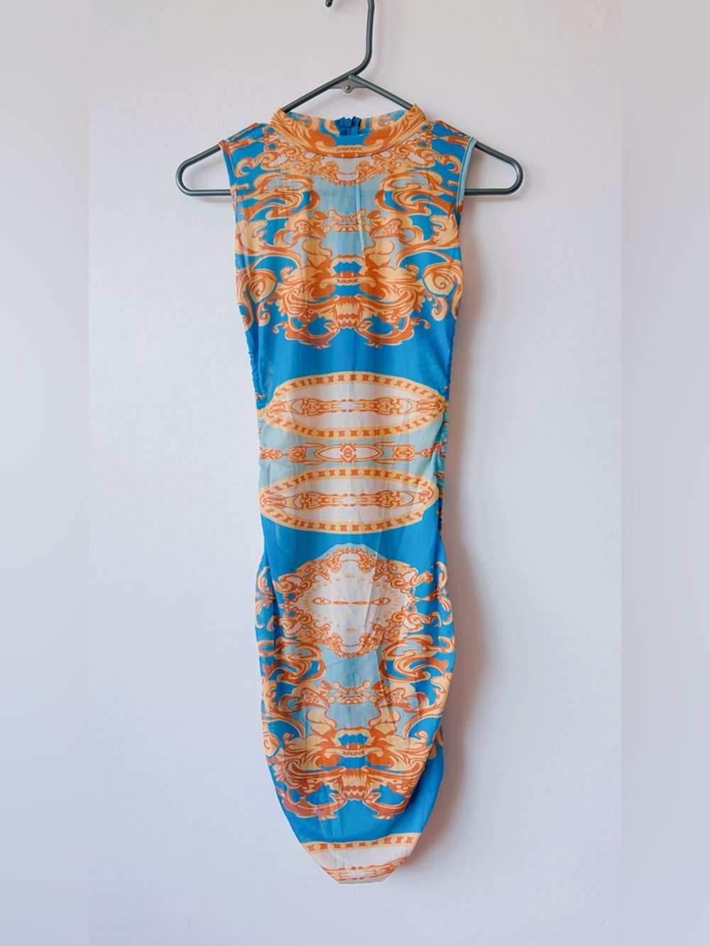 Sleeveless Blue and Orange Patterned Bodycon Dress size S